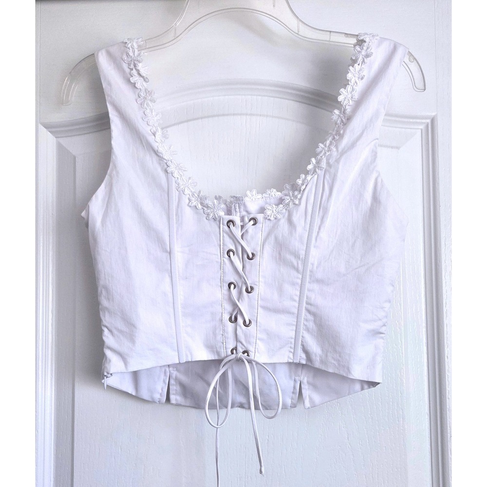 Cotton Candy LA White Floral Lace Trim Corset Bustier Crop Top Lace Up Back Sz M - Picture 2 of 6